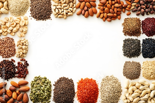 Colorful and Diverse Collection of Unprocessed Natural Seeds and Nuts Displayed on White Background Creating a Visually Appealing Frame for Healthy Eating Concepts photo