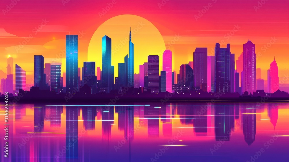 Fototapeta premium Vibrant Urban Skyline at Twilight with Bright Colors
