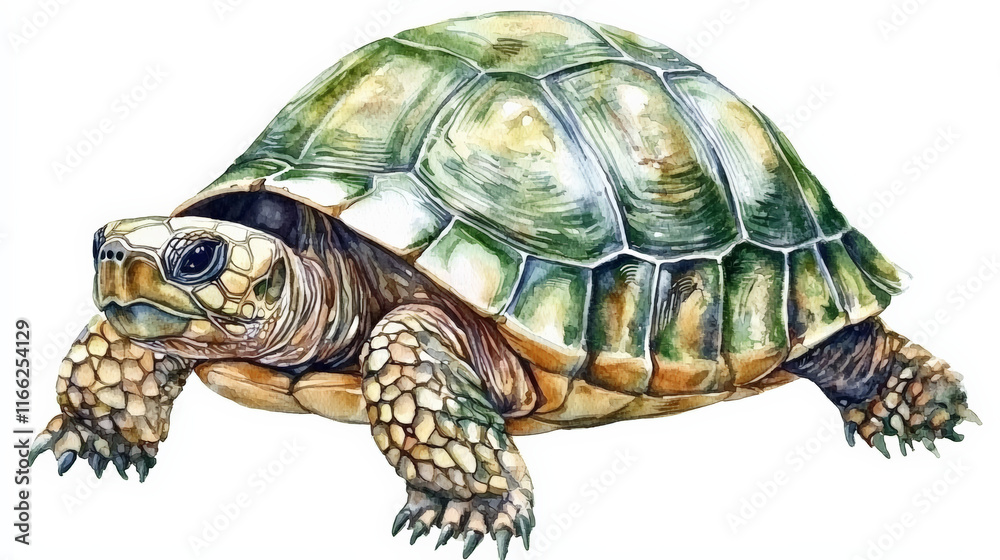 Fototapeta premium Watercolor illustration of green turtle with detailed texture and colors