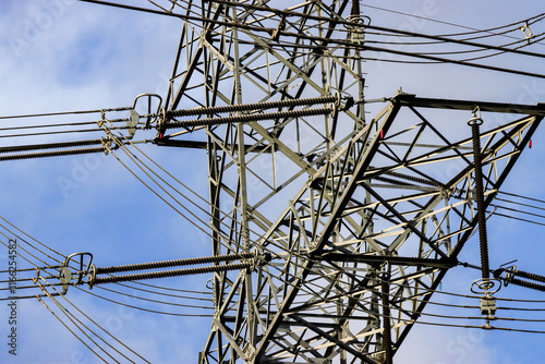 Campos dos Goytacazes, RJ, Brazil, 12/31/2024 - Electrical transmission towers and transmission lines in Campos' countryside, near Goytacazes district  photo