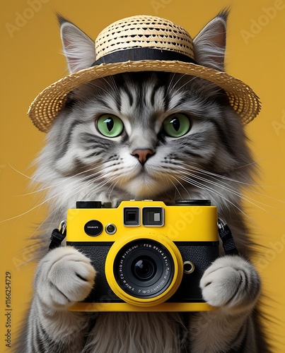 Charming tabby cat wearing a stylish straw hat and holding a bright yellow camera, embodying a whimsical mix of feline elegance and creative photography, perfect for pet lovers and photography enthusi photo