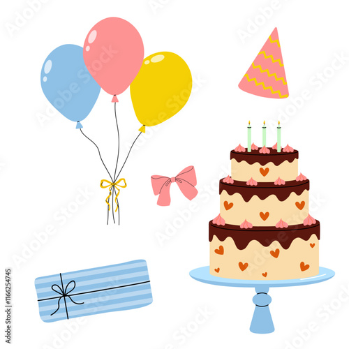Colorful birthday celebration elements featuring balloons, cake, and gifts