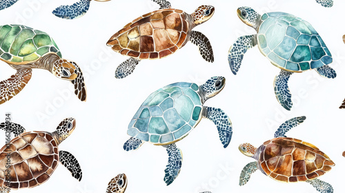 Colorful sea turtles swimming in vibrant watercolor pattern design