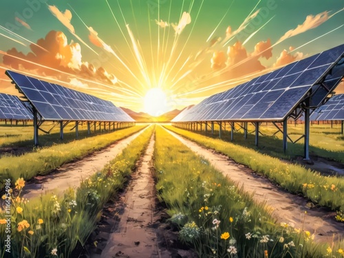 Solar panels radiant energy farm, beams of light, green grass nature background photo