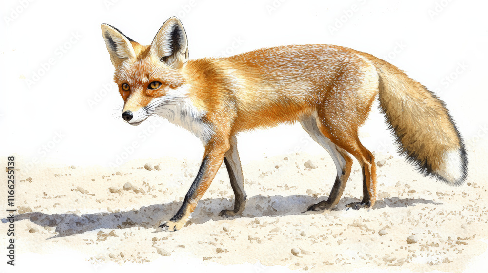 Fototapeta premium Watercolor painting of Blanford fox in desert habitat, showcasing its unique features