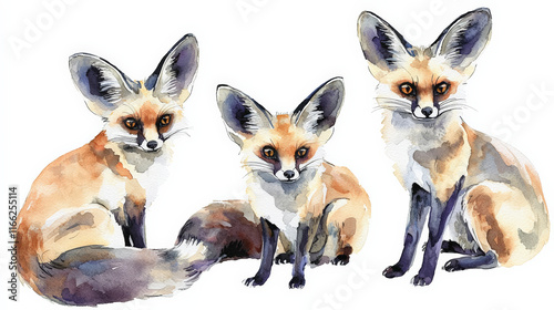 Watercolor bat eared foxes with prominent ears and expressive eyes