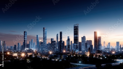 Wallpaper Mural A modern city skyline at dusk with illuminated skyscrapers. Torontodigital.ca