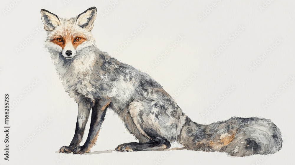 Fototapeta premium Watercolor grey fox with inquisitive look, showcasing its unique features