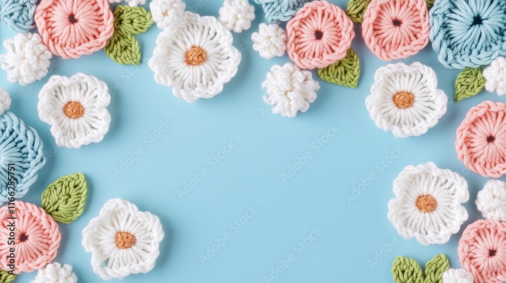 Fototapeta premium This image showcases beautifully arranged crocheted flowers against a soft blue background, perfect for crafting themes.