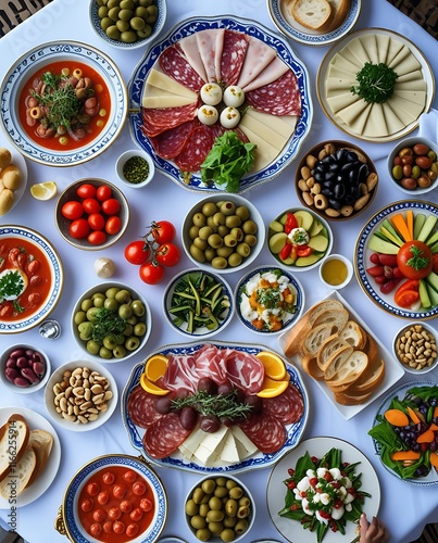 Wallpaper Mural 
A vibrant display of Mediterranean cuisine featuring an assortment of fresh vegetables, olives, cheeses, cured meats, dips, and breads, perfect for a party platter or a gourmet dining experience full Torontodigital.ca