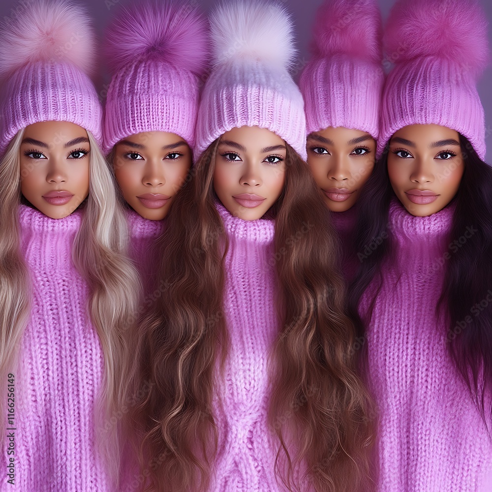 Four Women Pose Wearing Pink Knit Hats and Sweaters