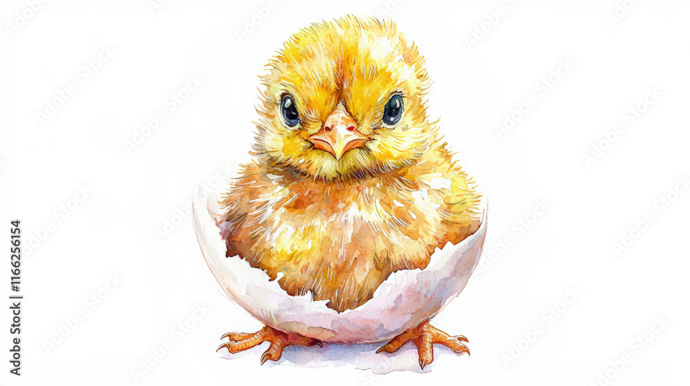 Obraz premium Fluffy chick hatching from egg, showcasing vibrant yellow feathers