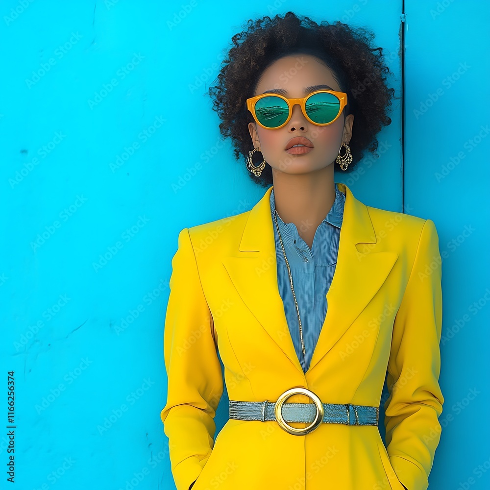 Stylish Woman Posing in Yellow Blazer and Sunglasses