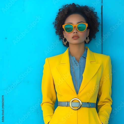 Obraz na płótnie Stylish Woman Posing in Yellow Blazer and Sunglasses w salonie