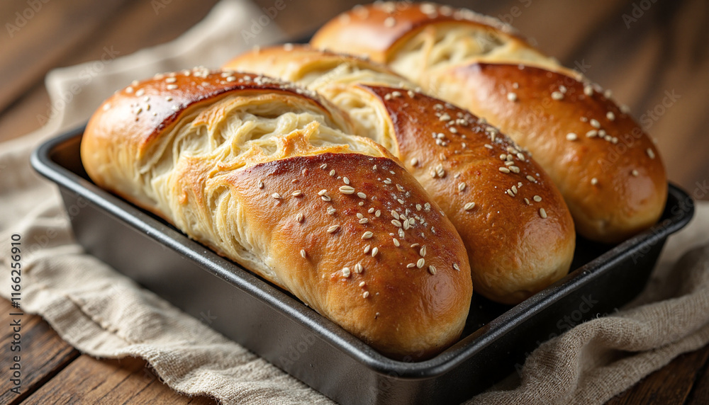 Freshly Baked Golden Bread Rolls with Sesame Seeds Evoking Warmth and Comfort in a Rustic Baker's Pan on a Wooden Table