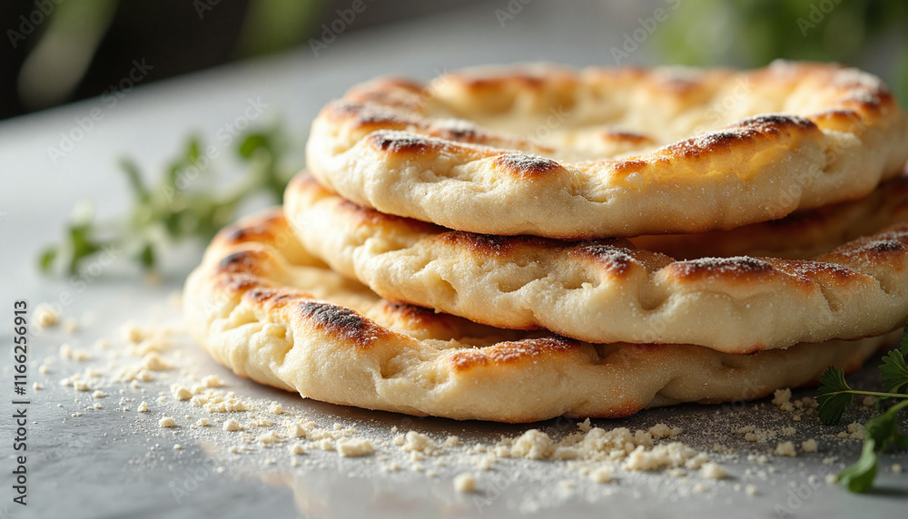Golden-brown flatbreads stacked with visible char marks, exuding warmth and freshness, placed on a rustic surface sprinkled with flour and surrounded by green herbs Golden-brown flatbreads stacked with visible char marks, exuding warmth and freshness, placed on a rustic surface sprinkled with flour and surrounded by green herbs