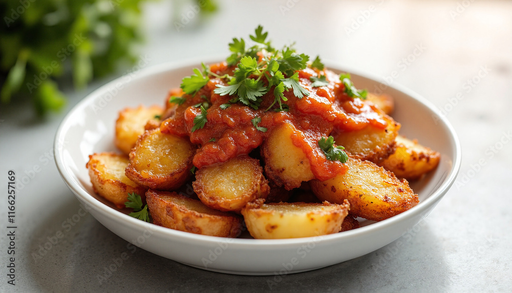 Creative Tapas: A close-up view of golden-brown crispy potatoes topped with vibrant fresh tomato sauce and garnished with green cilantro, set against a soft textured gray background Creative Tapas: A close-up view of golden-brown crispy potatoes topped with vibrant fresh tomato sauce and garnished with green cilantro, set against a soft textured gray background