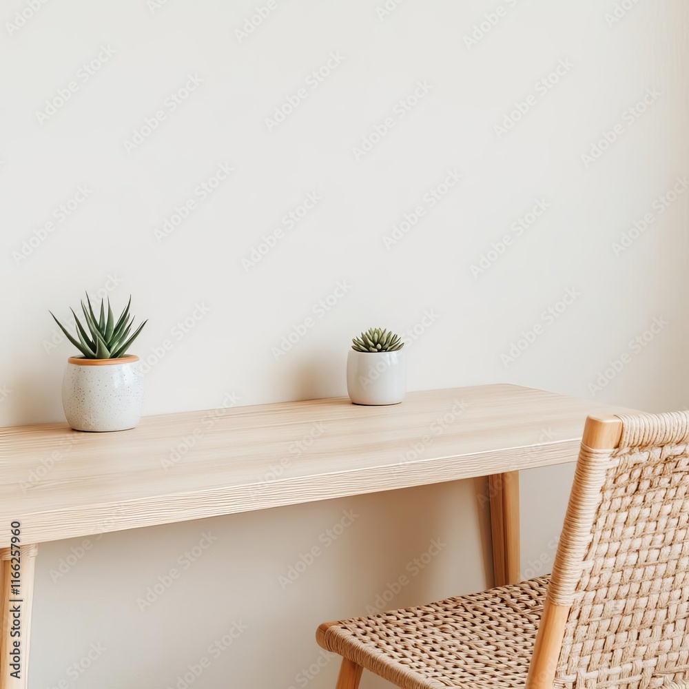 Compact corner desk with a light wood surface, small ceramic planter, and a woven chair, natural minimalist workspace, cozy and practical Compact corner desk with a light wood surface, small ceramic planter, and a woven chair, natural minimalist workspace, cozy and practical