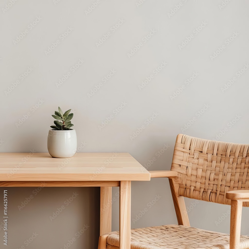 Compact corner desk with a light wood surface, small ceramic planter, and a woven chair, natural minimalist workspace, cozy and practical Compact corner desk with a light wood surface, small ceramic planter, and a woven chair, natural minimalist workspace, cozy and practical
