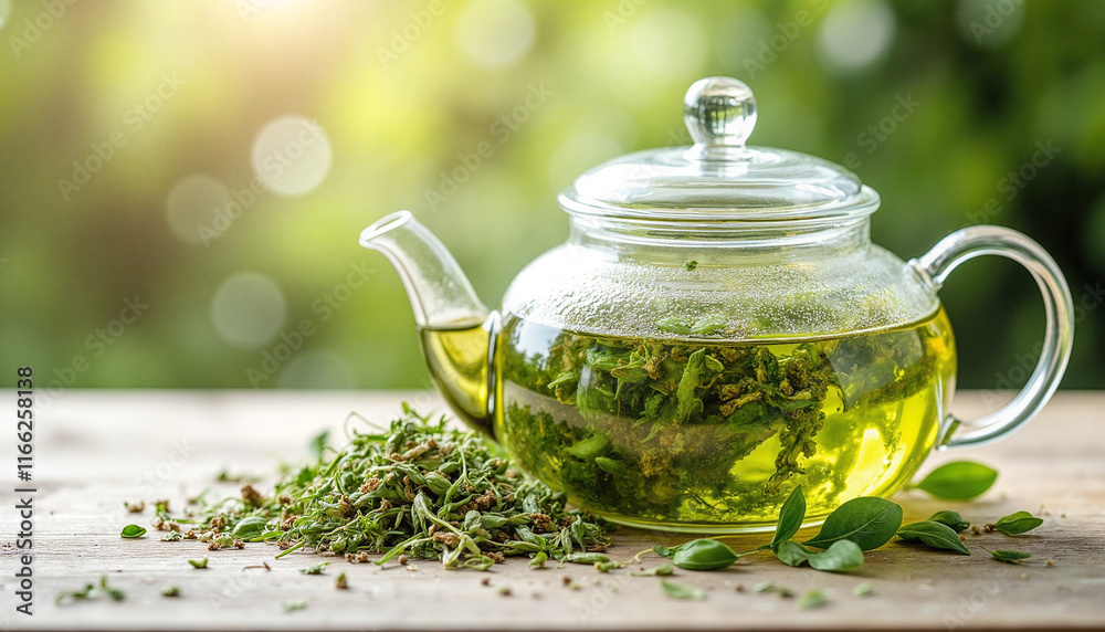Herbal Teas Variety in a glass teapot with fresh green herbs, conveying a serene and refreshing vibe, surrounded by a natural bokeh background Herbal Teas Variety in a glass teapot with fresh green herbs, conveying a serene and refreshing vibe, surrounded by a natural bokeh background