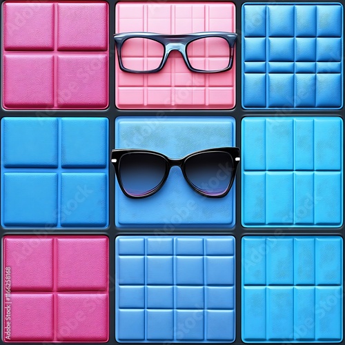 Obraz na płótnie Stylish Eyeglasses Resting on a Colorful Grid w salonie