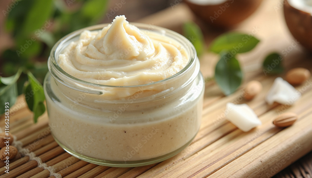 Creamy nut butter in a glass jar, showcasing a smooth, rich texture, surrounded by green leaves and natural wooden elements, emphasizing its organic appeal Creamy nut butter in a glass jar, showcasing a smooth, rich texture, surrounded by green leaves and natural wooden elements, emphasizing its organic appeal