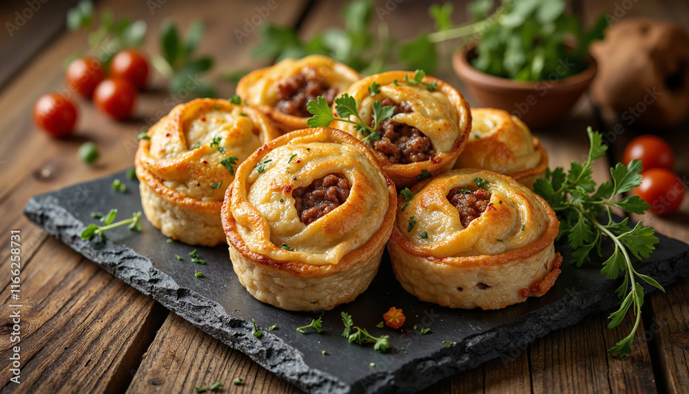 Satisfying Meat Pies on a rustic slate board showcasing golden crusts and savory filling decorated with fresh herbs and cherry tomatoes evoking a warm, inviting atmosphere Satisfying Meat Pies on a rustic slate board showcasing golden crusts and savory filling decorated with fresh herbs and cherry tomatoes evoking a warm, inviting atmosphere