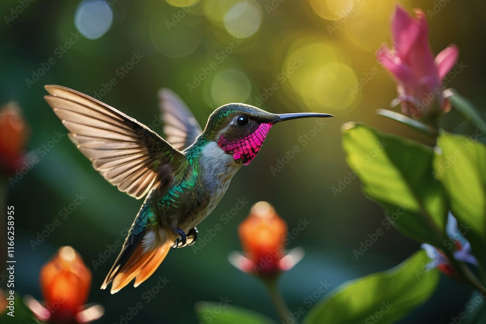 Obraz premium a lush green forest, exotic flowers and an origami hummingbird next to the flower