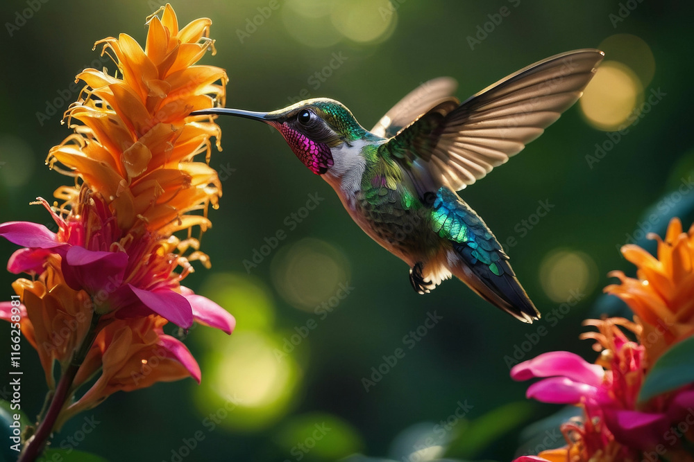 Fototapeta premium a lush green forest, exotic flowers and an origami hummingbird next to the flower