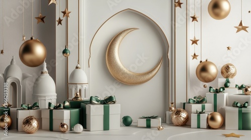 Elegant Ramadan Festive Decor: Gold Ornaments, Crescent Moon, and Gifts photo