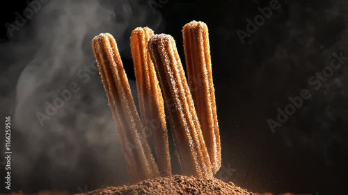 Four crispy churros dusted with sugar against a dark background.