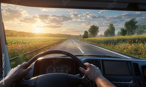 Driver's point of view from inside a truck cabin, hands on the steering wheel, looking out onto a long open highway at sunrise
