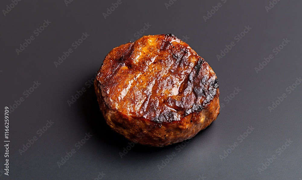 A grilled meat patty with a charred surface on a dark background. A grilled meat patty with a charred surface on a dark background.