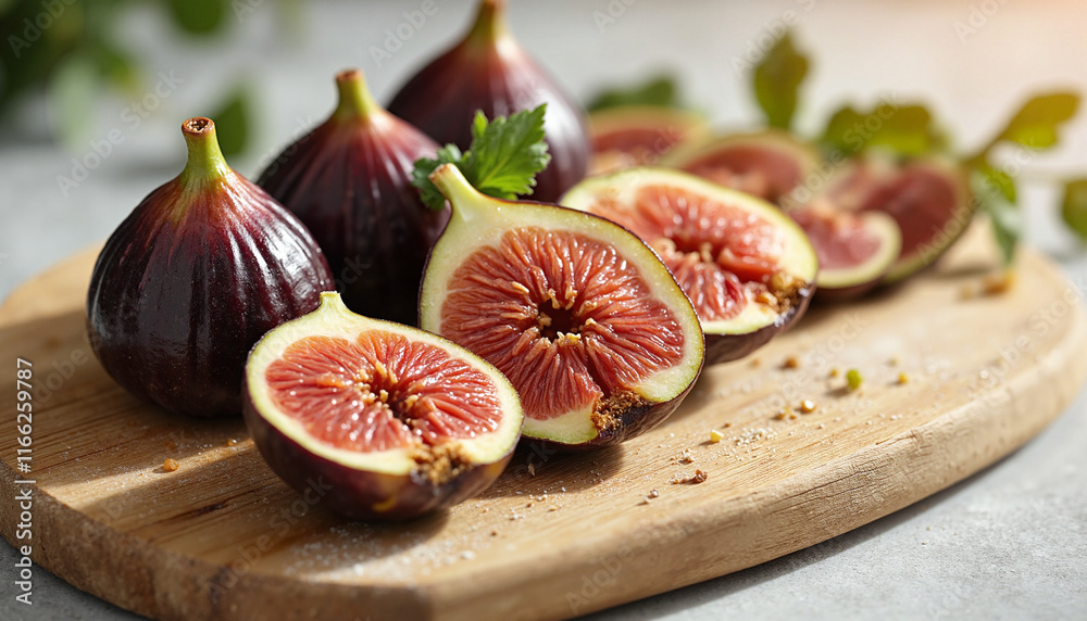 Fresh figs arranged on a wooden board, showcasing a vibrant and appetizing appearance, with some cut in half displaying juicy interiors, complemented by green leaves Fresh figs arranged on a wooden board, showcasing a vibrant and appetizing appearance, with some cut in half displaying juicy interiors, complemented by green leaves