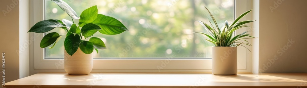 Large window desk, plants, sunlight Large window desk, plants, sunlight