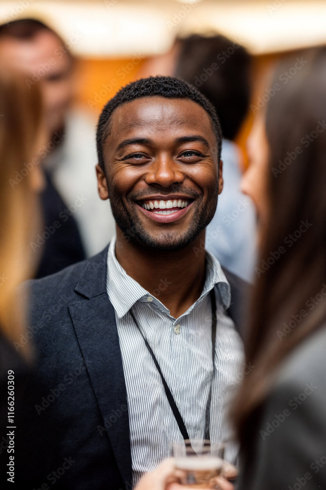 The image features a man in a suit and tie, smiling and holding a drink, standing in a social gathering with several other people in the background