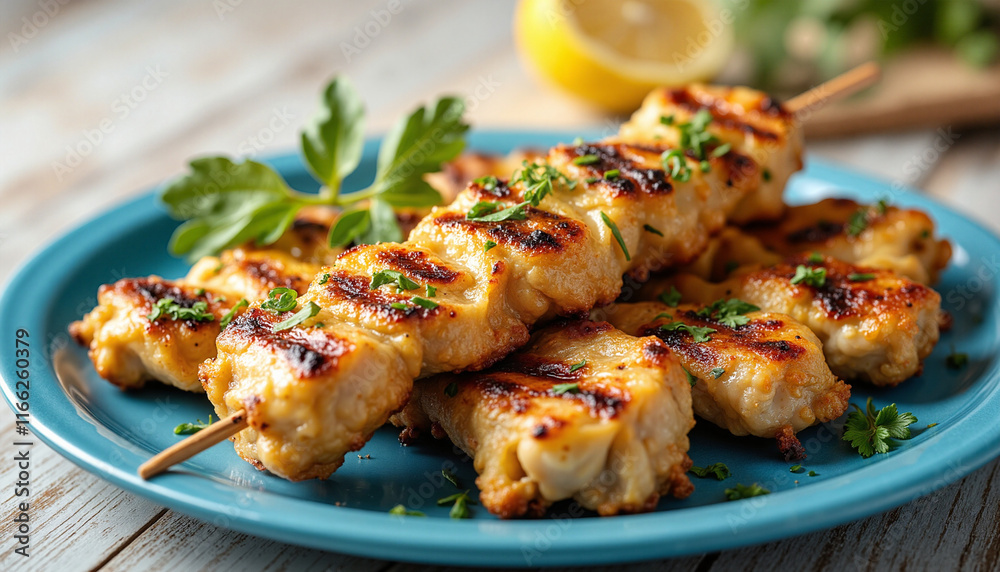 Grilled Chicken Skewers Garnished with Fresh Herbs on a Bright Blue Plate with a Sliced Lemon in the Background Representing Zesty Lemon Dishes Grilled Chicken Skewers Garnished with Fresh Herbs on a Bright Blue Plate with a Sliced Lemon in the Background Representing Zesty Lemon Dishes