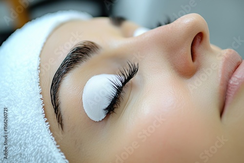 Eyelash extension procedure results, showing female eyes before and after the application.