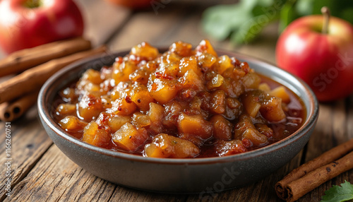 Fruity chutney made from apples and spices in a rustic bowl, evoking warmth and comfort, displayed on a wooden table with cinnamon sticks and fresh apples around photo