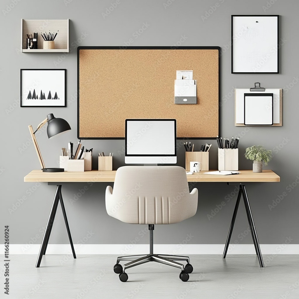 Modular desk, corkboard, neutral accents Modular desk, corkboard, neutral accents