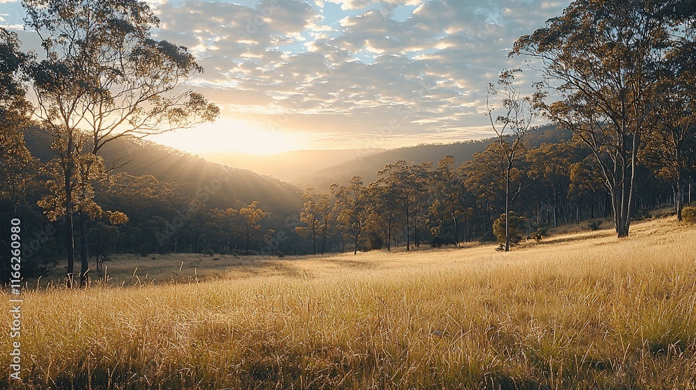 Sunrise over a valley with tall grass and trees. Sunrise over a valley with tall grass and trees.