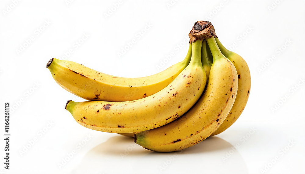 Fresh and ripe bananas on a bright white background showcasing their vibrant yellow color and natural speckles, illustrating the concept of healthy fruit infusions Fresh and ripe bananas on a bright white background showcasing their vibrant yellow color and natural speckles, illustrating the concept of healthy fruit infusions