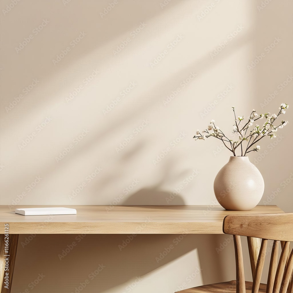 Neutral desk, ceramic vase, rustic chair, dappled light Neutral desk, ceramic vase, rustic chair, dappled light