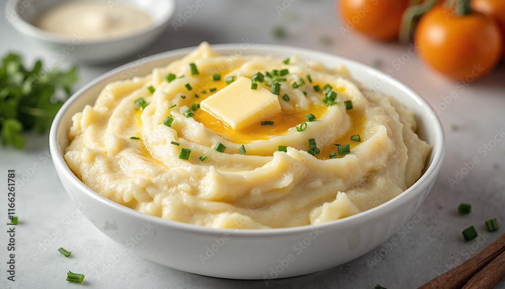 Bountiful Thanksgiving Feast of creamy mashed potatoes topped with butter and chives, conveying warmth and comfort, served in a white bowl with a soft background of fresh ingredients Bountiful Thanksgiving Feast of creamy mashed potatoes topped with butter and chives, conveying warmth and comfort, served in a white bowl with a soft background of fresh ingredients
