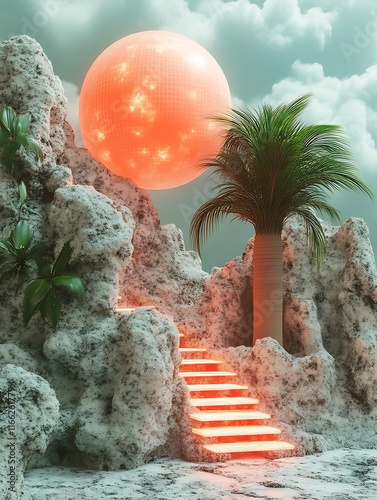 Illuminated Steps Lead to an Orange Celestial Sphere