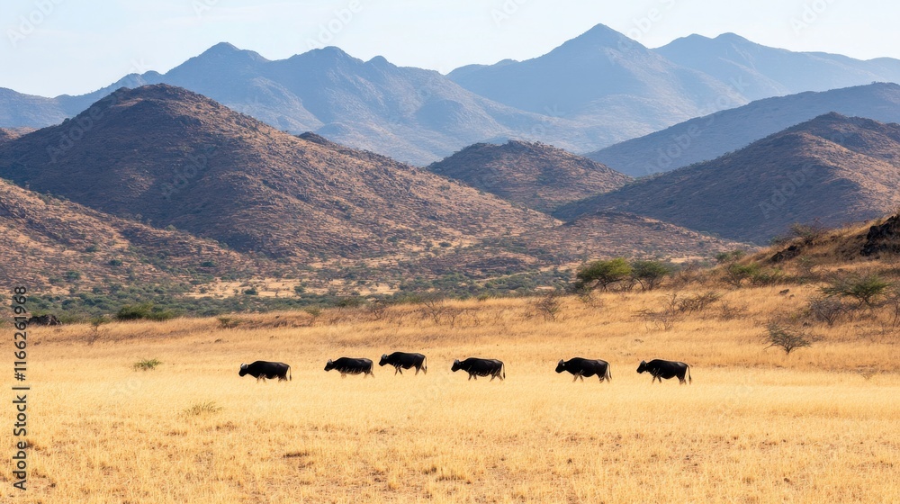 Obraz premium Buffalo Walking Through a Dry Grassy Plain