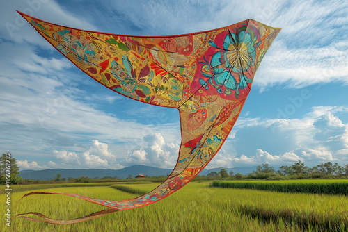 The Wau Bulan is a traditional Malaysian kite known for its distinctive crescent-moon shape and intricate designs. Originating from the east coast states of Malaysia, particularly Kelantan and Terengg photo