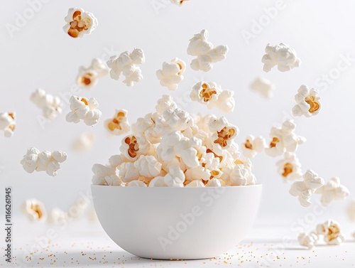 Explosive popcorn kernels floating and flying in dynamic motion captured in ultra HD against clean white background. Premium food photography for cinema and snack advertising. photo