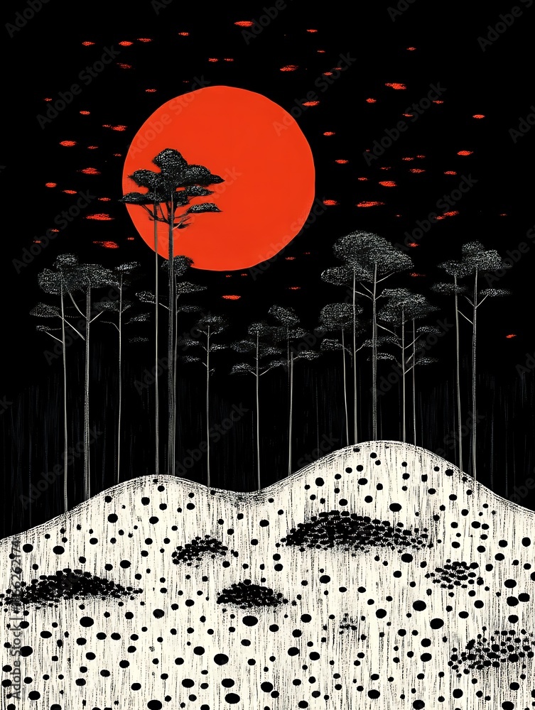 Silhouette Trees Landscape with a Red Sun and Small Red Shapes