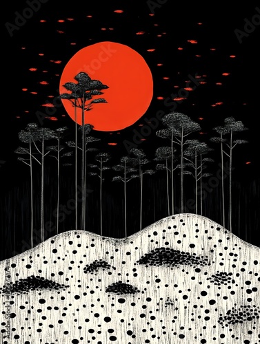 Obraz na płótnie Silhouette Trees Landscape with a Red Sun and Small Red Shapes w salonie